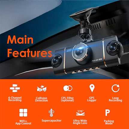 DriveGuard™ 4-Kanaals Dashcam | Volledige bescherming rondom je auto