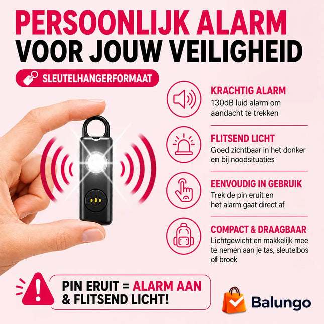 Hollarm™ Persoonlijk veiligheidsalarm met 130 dB Sirene & LED-lamp | Voel je veilig en schrik af, thuis of buiten de deur